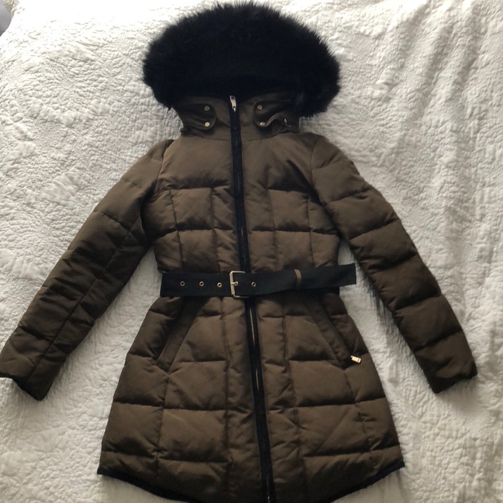 Zara down coat in deep olive green